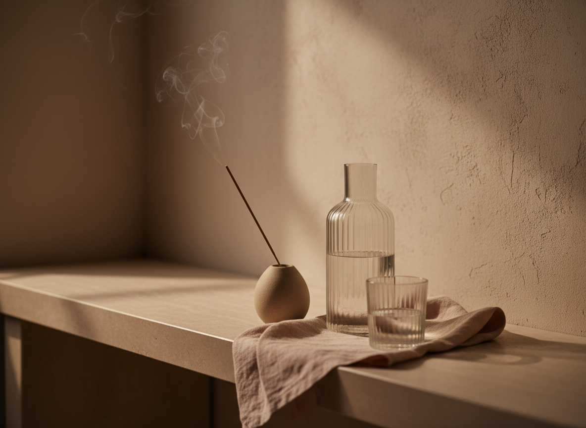 A close-up of a ritual-like evening scene on a smooth, low travertine bench: a matte sand-colored ceramic incense holder with a single slender stick releasing a delicate, curling trail of smoke, next to a ribbed glass carafe half-filled with water and a matching tumbler. A folded, pale blush linen cloth rests beneath them, adding gentle texture. The backdrop is a warm, plastered wall with subtle imperfections, softly lit by indirect, dimmed lamp light from the side, creating pools of shadow and a quiet sense of enclosure. Photographic realism, shot from a low, intimate angle with shallow depth of field. The mood is serene, introspective, and elegantly minimal, evoking soft life as an intentional, nightly wind-down ritual.