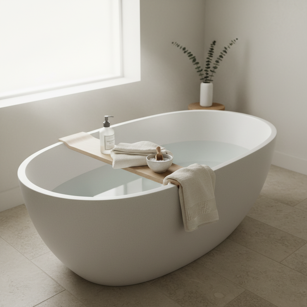A spa-like bathroom moment: a deep, freestanding oval soaking tub in matte white stone stands on pale, large-format limestone tiles, their subtle veining just visible. On a narrow wooden bath board rests a neatly folded ivory towel with a finely woven border, a frosted pump bottle with a simple, elegant label, and a small, pale gray ceramic bowl filled with bath salts. Soft, diffused daylight streams through an unseen frosted window, creating gentle, hazy reflections on the tub’s surface and a peaceful glow across the room. Photographic realism, shot from a slightly elevated corner angle, with a clean, minimal composition. The mood is restorative, sophisticated, and unhurried, embodying soft living as luxurious self-care.