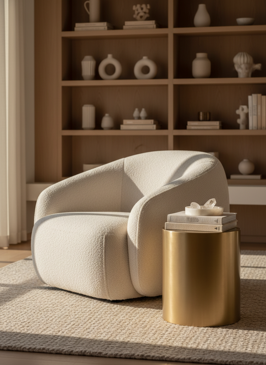 A luxurious living room scene built around quiet comfort: an oversized, low-profile boucle armchair in muted cream, its curved silhouette inviting and cloudlike, stands on a thick, oat-colored wool rug. On a nearby brushed brass side table rests a small stack of textured, neutral-toned hardcover books and a minimal alabaster dish holding two polished crystals. In the distance, a built-in bookshelf with carefully spaced decor fades into soft blur. Golden hour sunlight filters in from the side, catching the gentle texture of the fabrics and metal, creating warm highlights and velvety shadows. Photographic realism from a slightly angled side view, with a refined, editorial composition that feels aspirational yet grounded in softness.