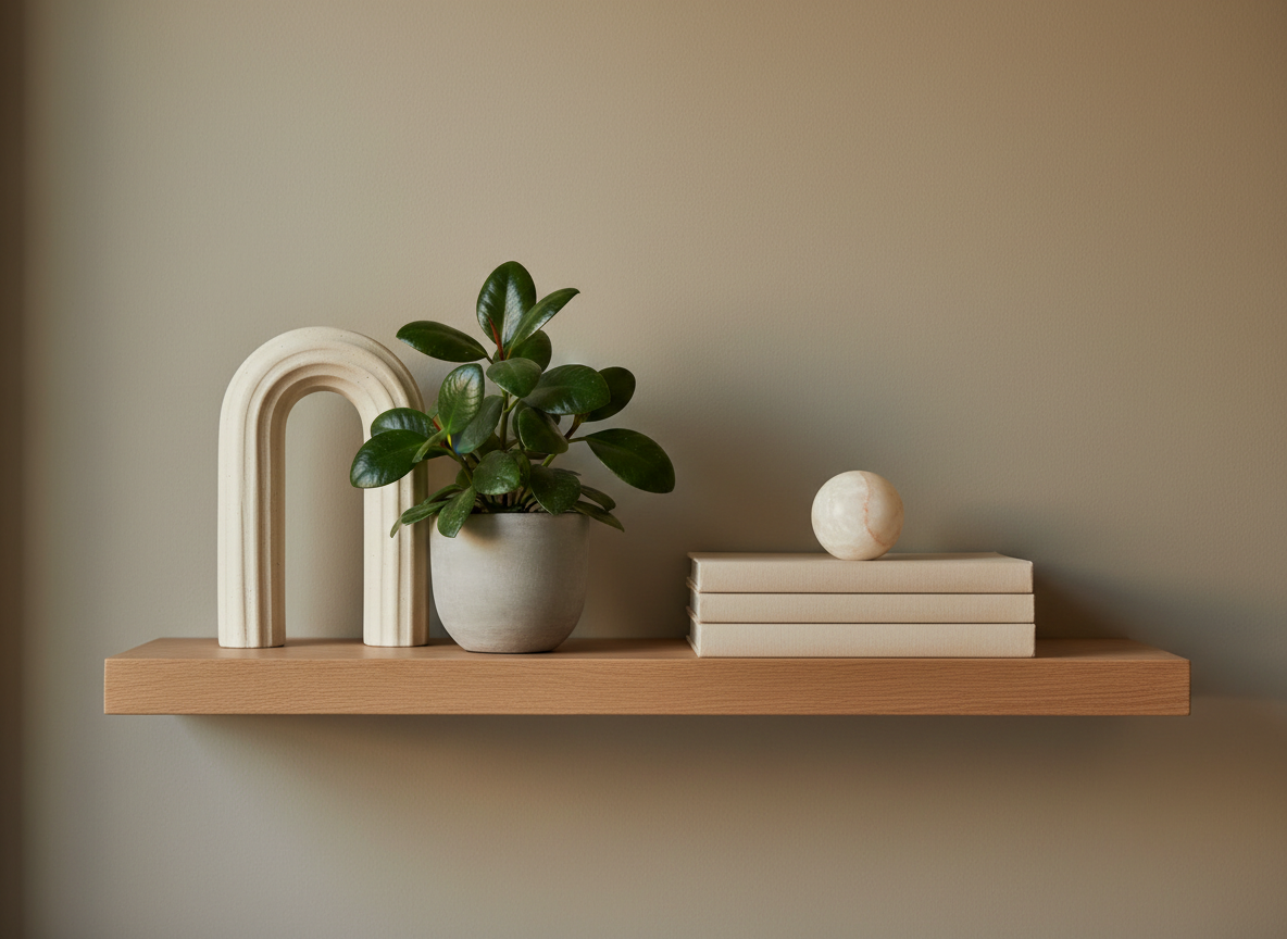 A curated shelf tableau illustrating “Soft Life, Real Growth”: on a floating oak shelf with a smooth matte finish, a sculptural off-white ceramic arch frames a small, potted baby rubber plant in a minimalist gray clay pot, its glossy leaves catching subtle light. Beside it, three neutral hardcover books with unbranded spines are stacked, topped with a small, carved alabaster orb. The background wall is a warm, muted greige, softly illuminated by indirect afternoon daylight, creating gentle gradations of tone. Photographic realism, straight-on composition with precise alignment and crisp focus throughout. The atmosphere is calm, thoughtful, and cultivated, symbolizing slow, organic growth in a refined, soft-living environment.