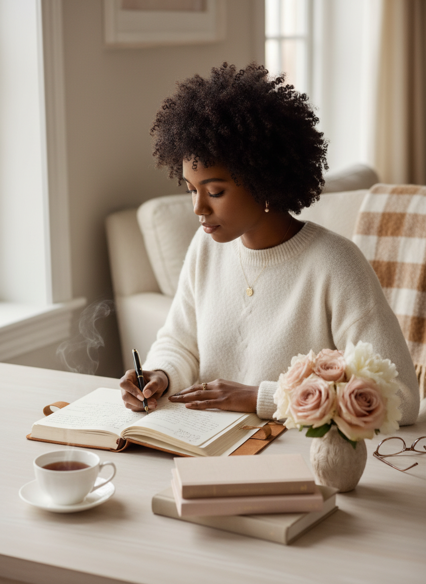 A cozy, editorial-style journaling scene. A Black woman with natural hair sits at a light wood desk near a soft-lit window, writing in an open journal. The aesthetic is warm and luxurious — soft cream, blush, and warm neutral tones. Fresh flowers, a cup of tea, and a few books are nearby. Soft natural light, shallow depth of field, magazine-quality photography.