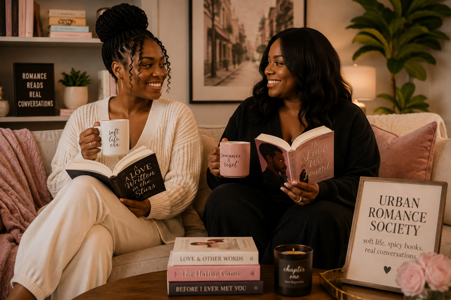 Two Black women sitting together holding mugs and laughing, cozy warm tones, natural window light, community and friendship lifestyle photography