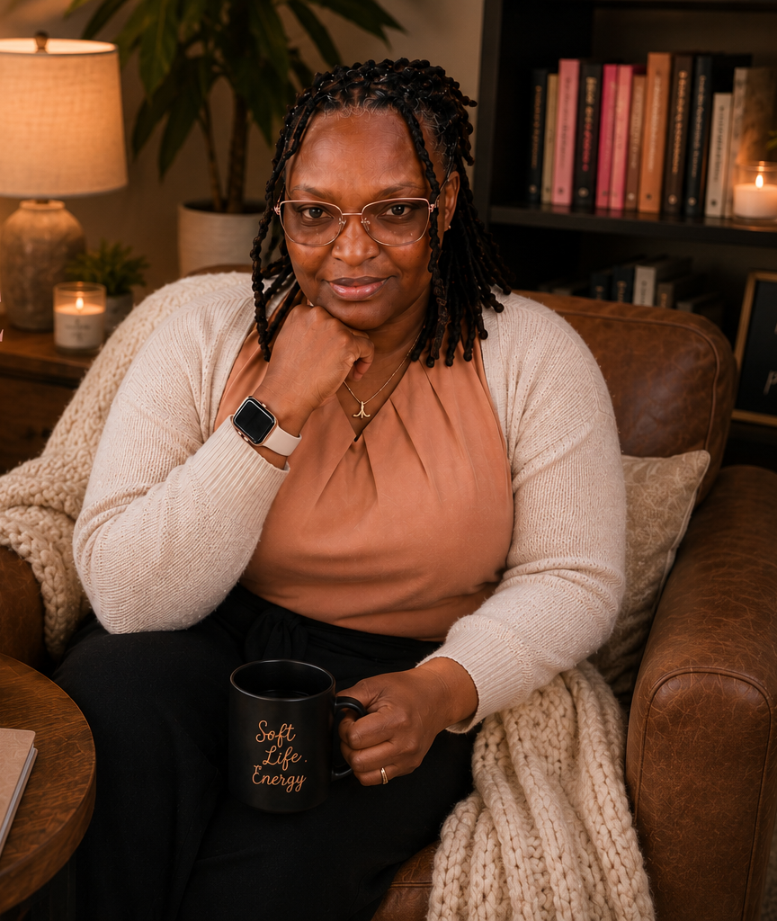 Portrait of Telia seated in an armchair with books, a candle, and a Soft Life Energy mug